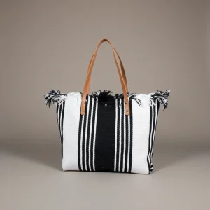 Sac toile cabas rayé anses camel - Vue 1 - Sac Toile